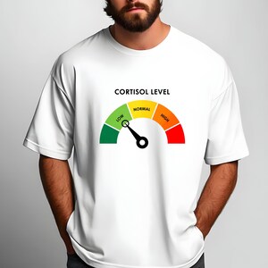 Puede incluir: Camiseta blanca con un gr&aacute;fico de un medidor de nivel de cortisol. El medidor tiene una aguja que apunta a la secci&oacute;n "bajo", con secciones codificadas por colores verde, amarillo y rojo. El texto "CORTISOL LEVEL" est&aacute; encima.