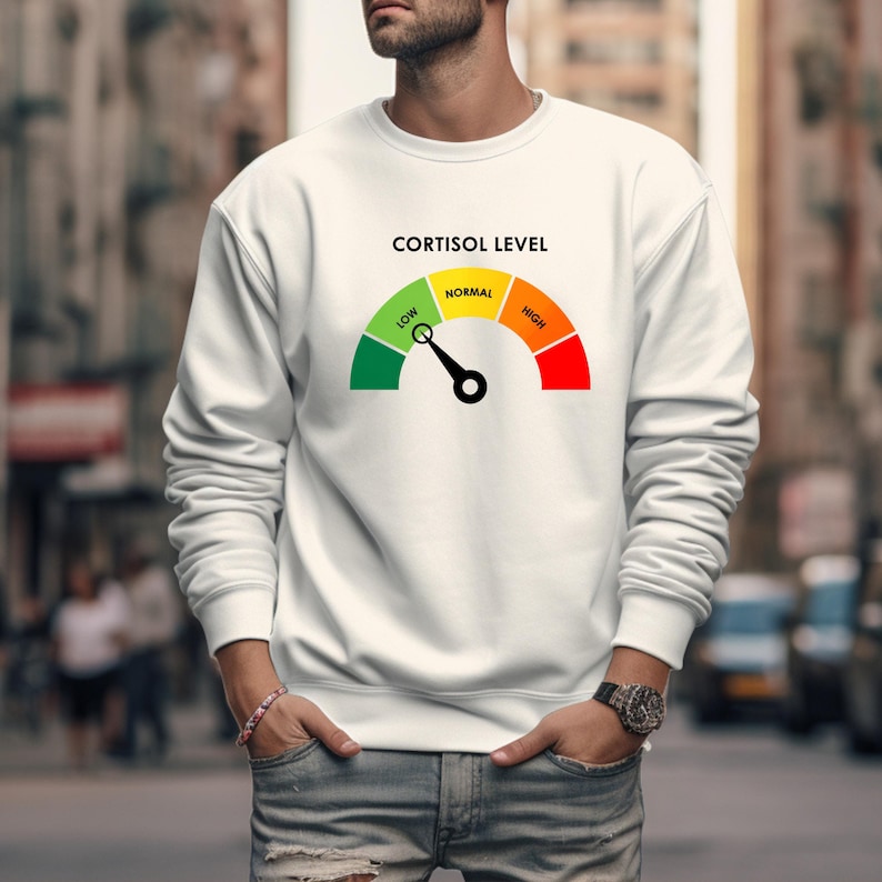 Puede incluir: Sudadera blanca con un gr&aacute;fico de un medidor de nivel de cortisol. El medidor tiene una aguja que apunta hacia el extremo "bajo", con secciones verdes, amarillas y rojas. El texto "CORTISOL LEVEL" est&aacute; encima del medidor.