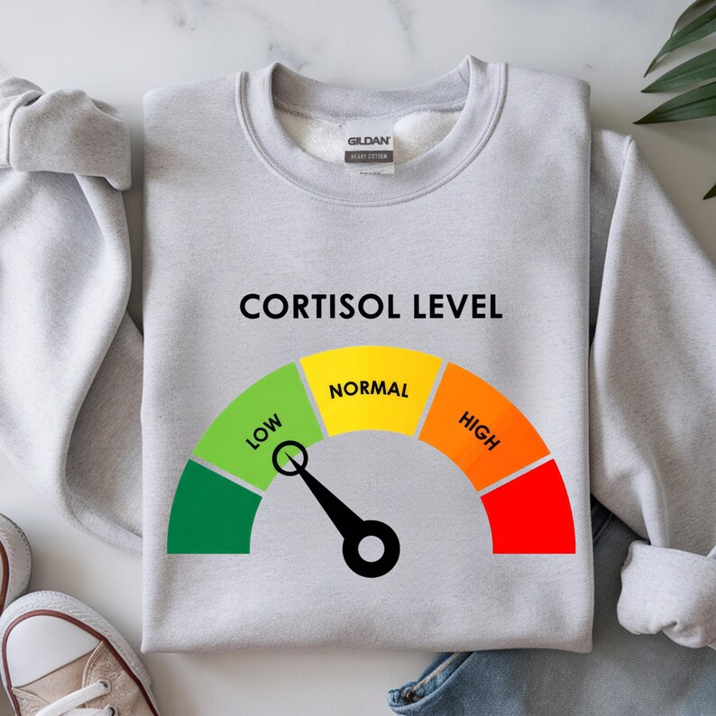 Puede incluir: Sudadera gris claro con la frase "CORTISOL LEVEL". Debajo, un indicador con las palabras "LOW", "NORMAL" y "HIGH" en verde, amarillo y rojo, que indican los niveles de estr&eacute;s.