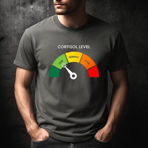 Puede incluir: Camiseta gris con un gr&aacute;fico de un medidor de nivel de cortisol. El medidor tiene una aguja blanca y est&aacute; coloreado en verde, amarillo y rojo, con las palabras "LOW", "NORMAL" y "HIGH". El texto "CORTISOL LEVEL" est&aacute; encima del medidor.