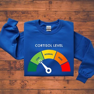 Puede incluir: Una sudadera azul real con las palabras "CORTISOL LEVEL" sobre un gr&aacute;fico de indicador. El indicador tiene secciones etiquetadas como "LOW", "NORMAL" y "HIGH" en verde, amarillo y rojo, respectivamente. Una aguja blanca apunta hacia la secci&oacute;n "NORMAL".