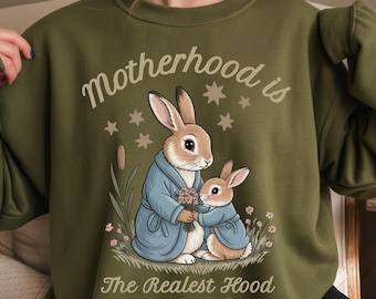 Motherhood Is the Realest Hood Rabbit Mom Shirt, Vintage Cottagecore Cute Bunny Graphic Tee, Funny Casual Mama Gift