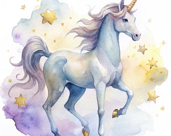 Golden Unicorn Wildlife Watercolor Clipart Bundle - aquarelle, forest animals, animal painting  Set of 5 High-Quality PNG Images - 300DPI