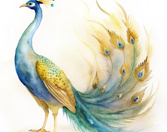 Golden Peacock Wildlife Watercolor Clipart Bundle -aquarelle, forest animals, animal painting  Set of 5 High-Quality PNG Images - 300DPI