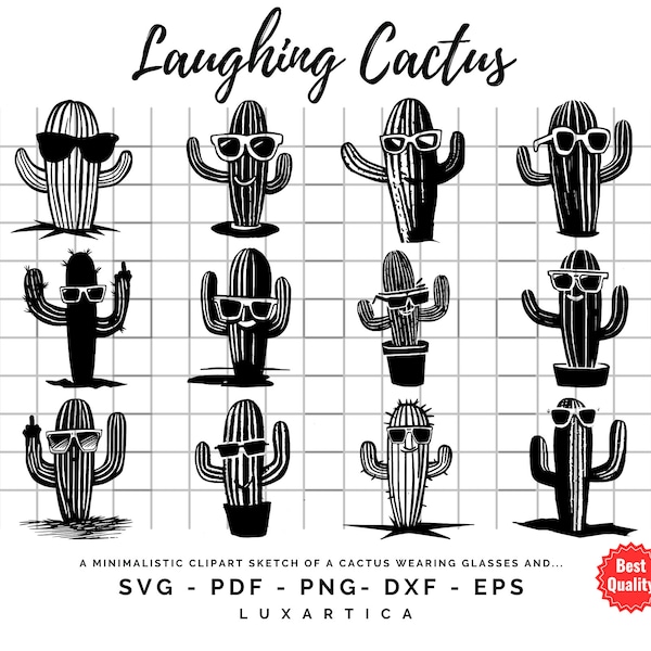 Minimalistic clipart Sketch of a Cactus wearing glasses and laughing. - +10 Premium Clip Arts Bundle- Vector Clipart files silhouette Cricut