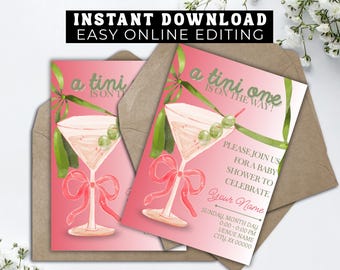 A Tini One On The Way Baby Shower Invite | A Baby is Brewing | A Tini New Addition Invitation | Pink Baby Shower Template | Martini Theme