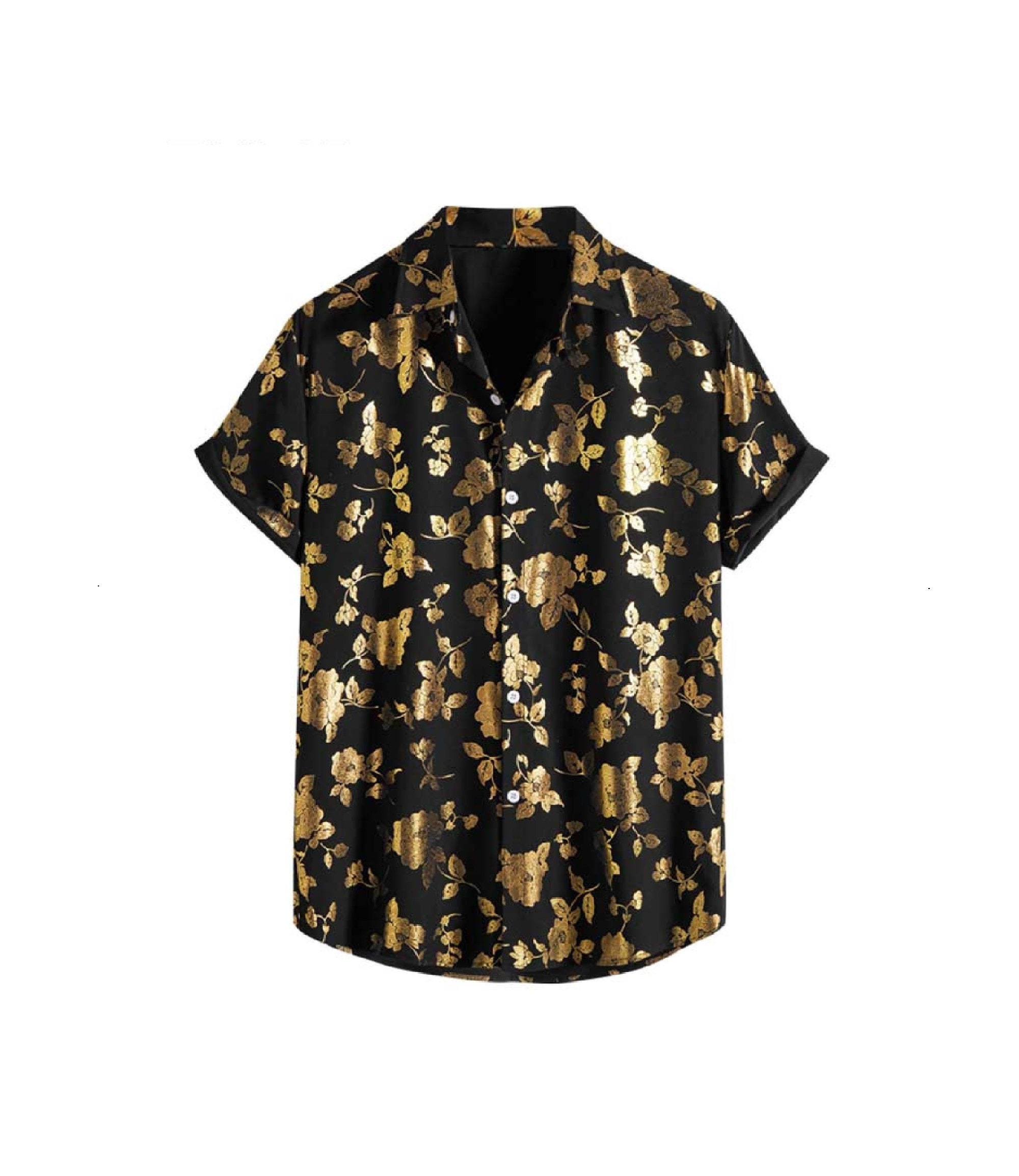 Button Down Shirt Mens Long Sleeve Black Gold Leaves Golden Classic Fit Up  Dress