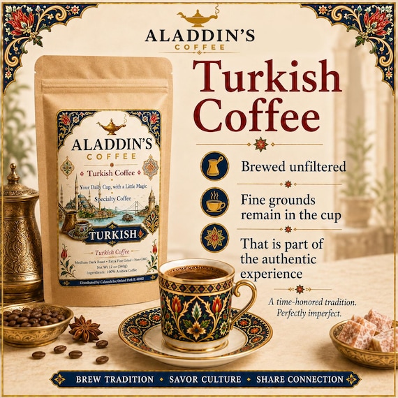 Aladdin's TURKISH COFFEE, Gift for Coffee Lovers, Unique 12 oz Gourmet Coffee (Whole Bean or Extra-Fine Grind)