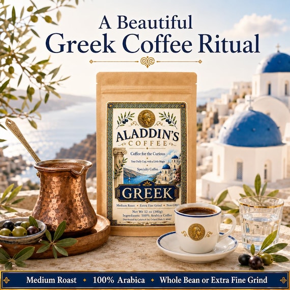 Aladdin's GREEK SPECIALTY COFFEE, Medium Roast 100% Arabica (Whole Bean or Extra Fine Grind), Greek Coffee Gift