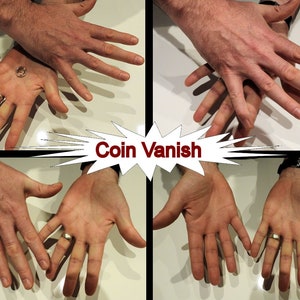 May include: Four images showing a coin vanish magic trick. The first image shows a coin on the palm of a hand. The second image shows the hand with the coin gone. The third image shows a ring on the finger of the hand. The fourth image shows the ring gone.