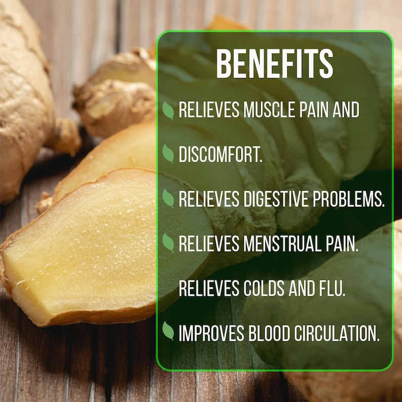 May include: Close-up of fresh ginger slices with the text "BENEFITS" and a list of health benefits, including muscle pain relief and improved blood circulation. The ginger is light brown and yellow.