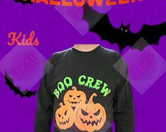 Kids Glow In The Dark Halloween Boo Crew Black Jumper Sweatshirt Kids Childrens