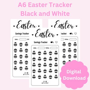 May include: Black and white printable Easter savings tracker with a goal and total section. The tracker features a grid of 25 Easter eggs with wavy lines.
