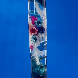 Bottle &#39;opener&#39; stainless steel food safe, maple burl real flowers and epoxy, 7&quot; tall.