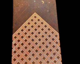 Patterned Baltic Birch Plywood & Walnut Charcuterie board. Large 22 1/8&quot; x 12 1/8&quot; x 1 3/8&quot;. With night time and day time skies.