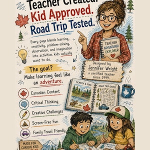 May include: An illustrated educational activity book for children ages 7-12, featuring a teacher character, two children engaged in learning, and text including "Teacher Created. Kid Approved. Road Trip Tested." and "Designed by Jennifer Wright."