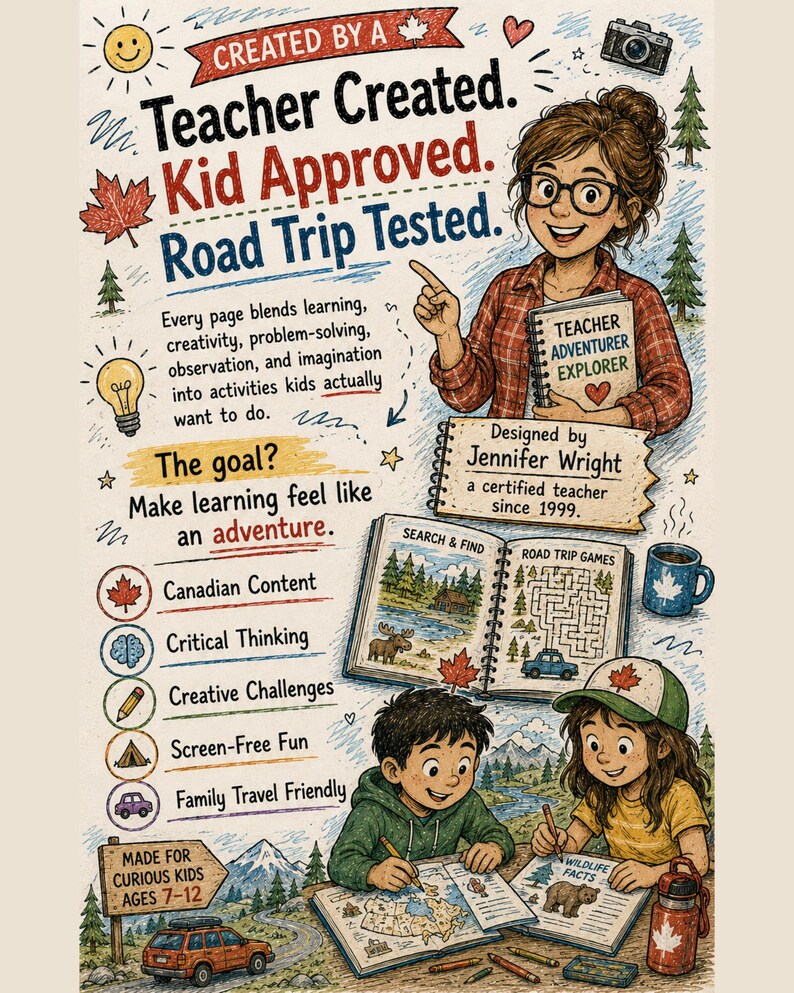 May include: An illustrated educational activity book for children ages 7-12, featuring a teacher character, two children engaged in learning, and text including "Teacher Created. Kid Approved. Road Trip Tested." and "Designed by Jennifer Wright."