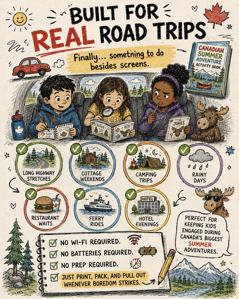 May include: An illustrated activity book titled Canadian Summer Adventure featuring three children in a car, a moose, and icons for road trips. Text includes BUILT FOR REAL ROAD TRIPS, NO WI-FI REQUIRED, and NO BATTERIES REQUIRED on a notepad.