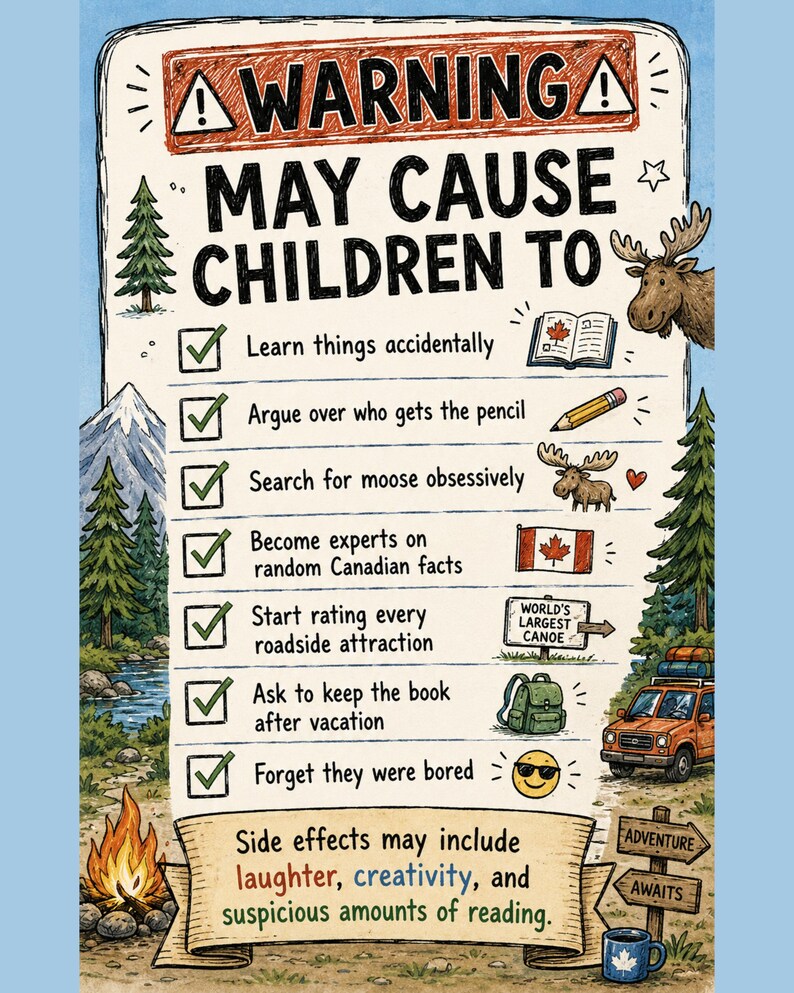 May include: A rectangular poster featuring a warning sign that reads MAY CAUSE CHILDREN TO, followed by a checklist of items including learning, arguing over pencils, searching for moose, Canadian facts, roadside attractions, and reading.