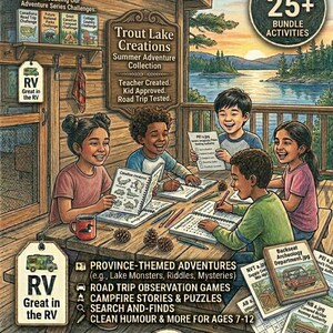 May include: A digital illustration of four children sitting at a wooden table on a porch, engaged in activity books. The scene includes text such as Trout Lake Creations, Summer Adventure Collection, and 25+ Bundle Activities, set against a lake background.