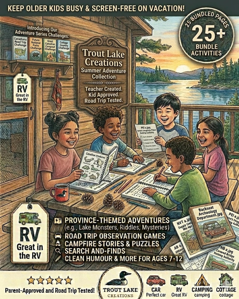 May include: A digital illustration of four children sitting at a wooden table on a porch, engaged in activity books. The scene includes text such as Trout Lake Creations, Summer Adventure Collection, and 25+ Bundle Activities, set against a lake background.