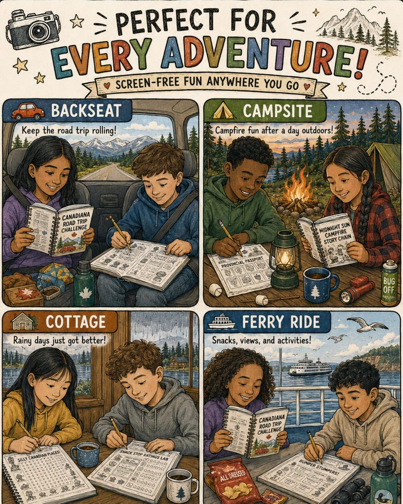 May include: A multi-panel illustration titled PERFECT FOR EVERY ADVENTURE! showing children engaged in activities like reading and writing in books labeled CANADIANA ROAD TRIP CHALLENGE, PROVINCIAL PASSPORT, and MIDNIGHT SUN CAMPFIRE STORY CHAIN.