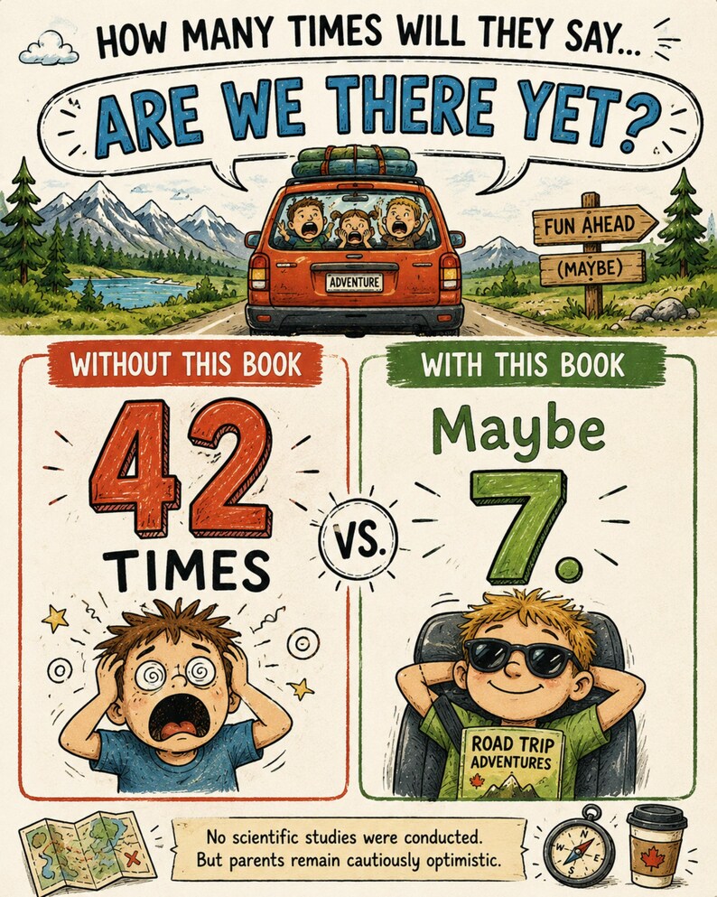 May include: A colorful illustration comparing road trips with and without a book. The top shows a car with three children shouting, "Are we there yet?" Below, a stressed child is shown 42 times without the book, versus 7 times with the book.