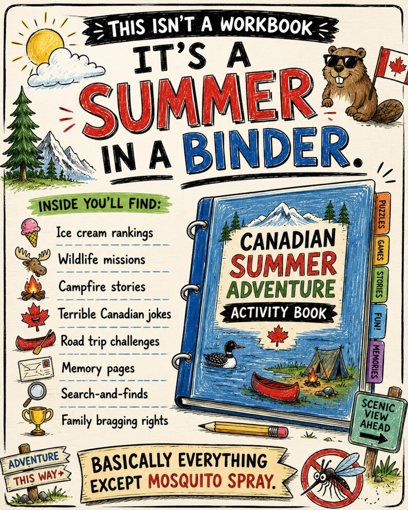 May include: A blue binder titled Canadian Summer Adventure Activity Book with illustrations of a beaver, a loon, a tent, and a campfire. The text reads: This isn't a workbook, it's a summer in a binder. Basically everything except mosquito spray.