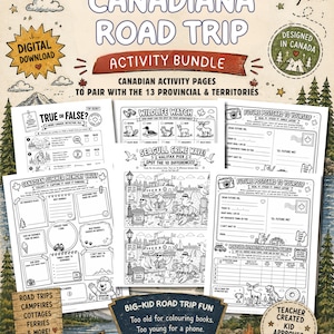 May include: A digital download activity bundle titled Canadiana Road Trip featuring black and white activity pages for kids ages 7-12. The pages include True or False, Wildlife Watch, Seagull Crime Wave, Future Postcard to Yourself, and memory vault.