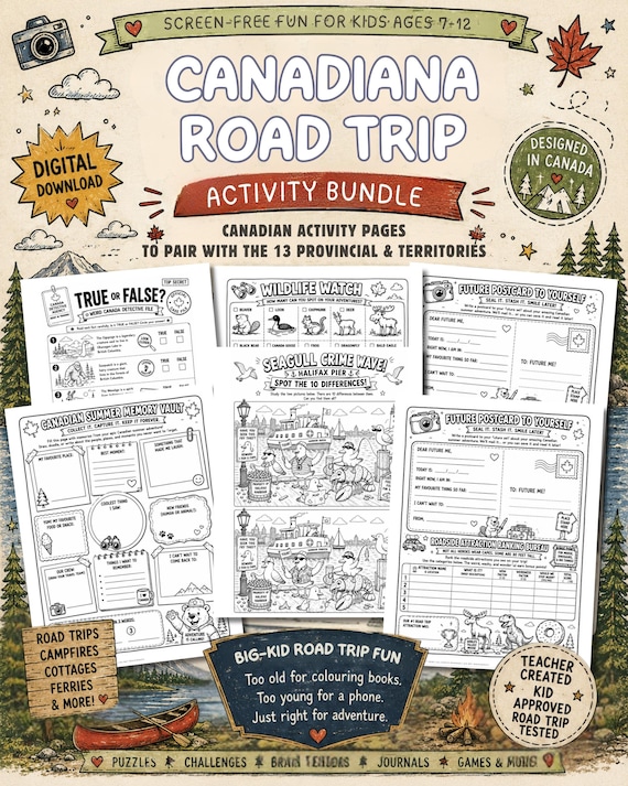 Canadiana Road Trip Activity Book | 50+ Printable Screen-Free Activities for Kids Ages 7–12 | Canadian Travel Games | Camping Activities