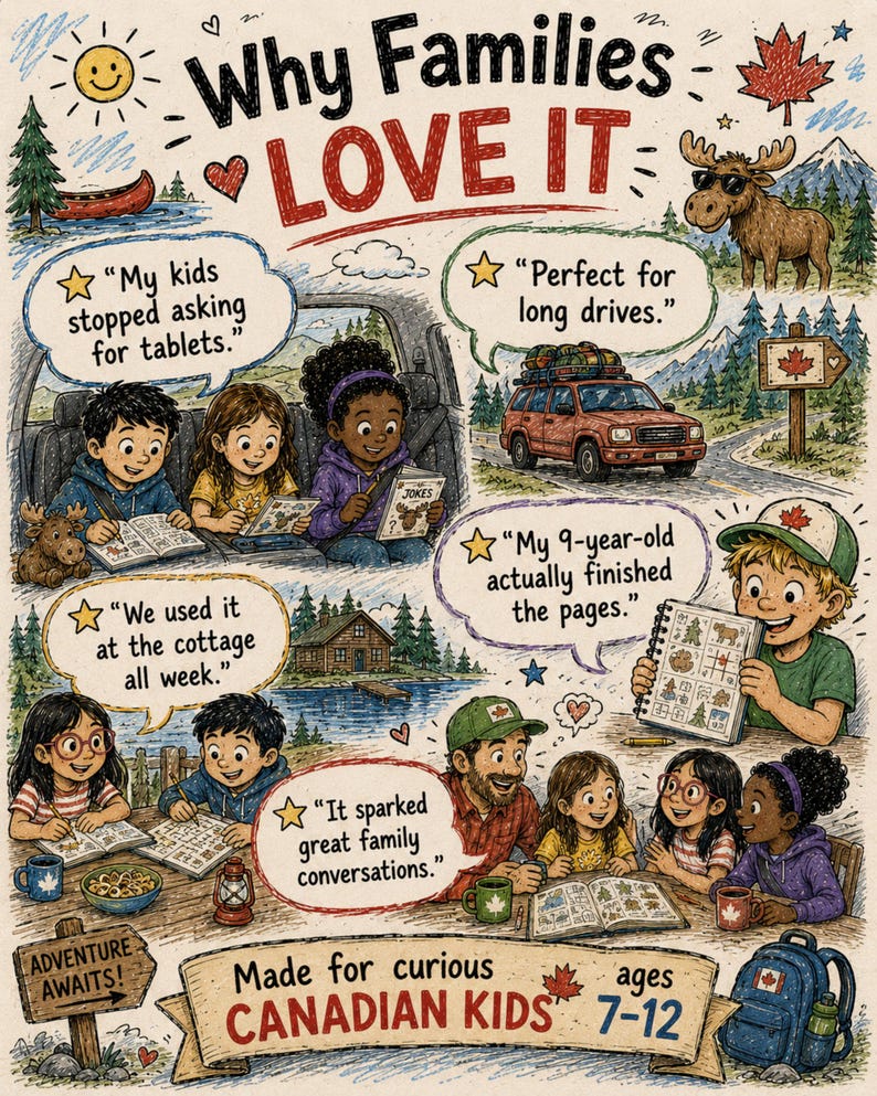 May include: A colorful illustrated poster titled Why Families LOVE IT featuring children engaged in activities, a car on a road, and a moose. Text includes testimonials, Made for curious CANADIAN KIDS ages 7-12, and ADVENTURE AWAITS on a wooden sign.