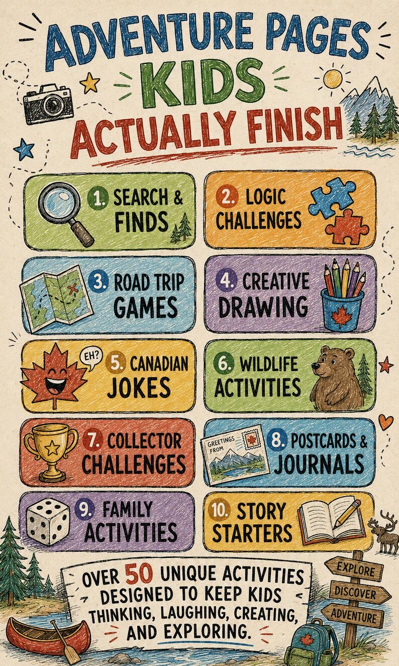 May include: A colorful activity poster titled Adventure Pages Kids Actually Finish, featuring ten numbered boxes with illustrations like a magnifying glass, puzzle pieces, a map, pencils, a maple leaf, a bear, a trophy, a postcard, dice, and a book.