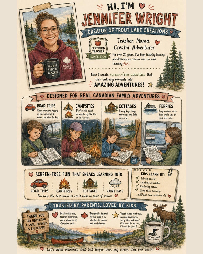 May include: An illustrated informational flyer for Trout Lake Creations by Jennifer Wright. It features a portrait, text about screen-free activities, and four panels depicting children engaged in activities during road trips, camping, and ferry rides.