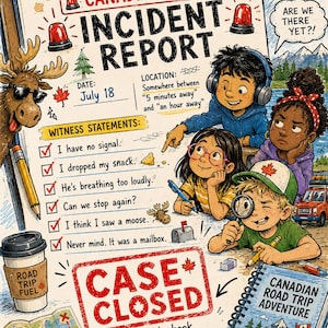 May include: A Canadian Summer Incident Report activity book featuring a clipboard design with text, a moose illustration, witness statements, a map, a coffee cup, and four children engaged in a road trip adventure with a Case Closed stamp.