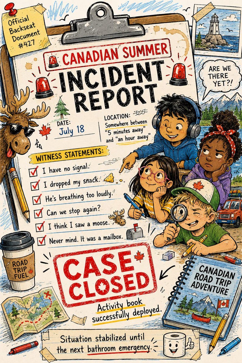 May include: A Canadian Summer Incident Report activity book featuring a clipboard design with text, a moose illustration, witness statements, a map, a coffee cup, and four children engaged in a road trip adventure with a Case Closed stamp.