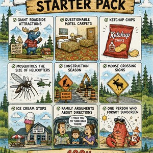 May include: A colorful illustration titled CANADIAN SUMMER STARTER PACK featuring nine panels depicting humorous cultural tropes including a giant moose, motel carpets, ketchup chips, large mosquitoes, road construction, moose signs, ice cream, family arguments, and a sunburned lobster holding SPF 100 sunscreen.