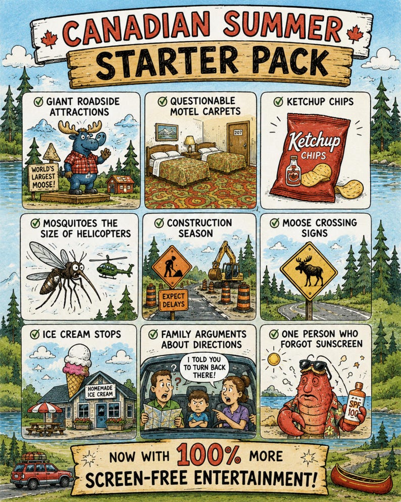 May include: A colorful illustration titled CANADIAN SUMMER STARTER PACK featuring nine panels depicting humorous cultural tropes including a giant moose, motel carpets, ketchup chips, large mosquitoes, road construction, moose signs, ice cream, family arguments, and a sunburned lobster holding SPF 100 sunscreen.