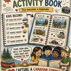 May include: An illustrated activity book titled MORE THAN AN ACTIVITY BOOK with text This becomes a keepsake. It features a checklist for kids to record travel memories, a scrapbook page with photos of Banff, and four children reading a book together.