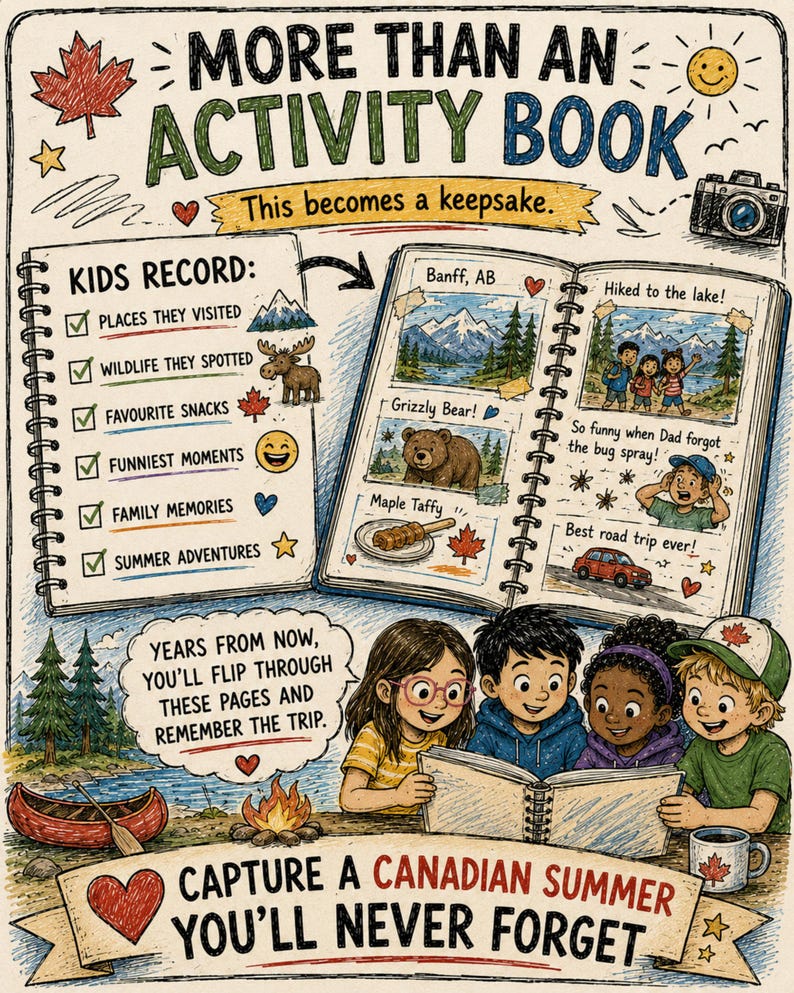 May include: An illustrated activity book titled MORE THAN AN ACTIVITY BOOK with text This becomes a keepsake. It features a checklist for kids to record travel memories, a scrapbook page with photos of Banff, and four children reading a book together.