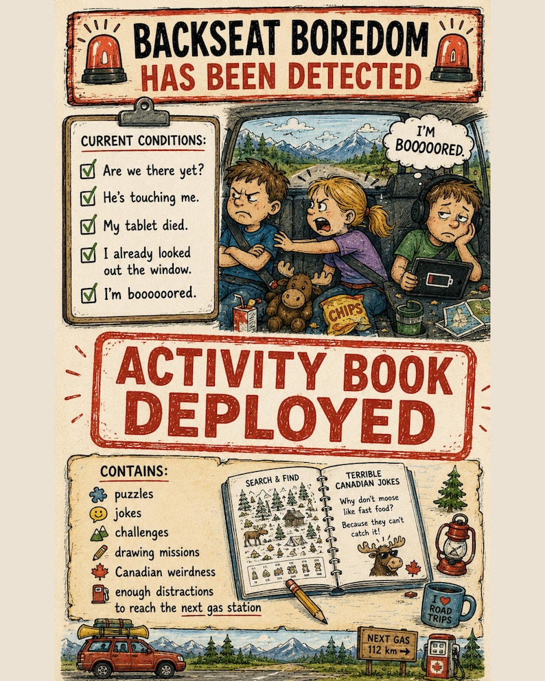 May include: A colorful illustrated poster titled Backseat Boredom Has Been Detected featuring three children in a car. It includes a checklist of complaints, an activity book with puzzles and jokes, and a car with a roof rack on a road trip.