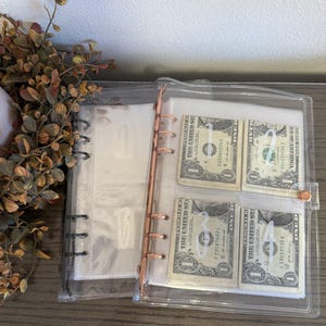 May include: A clear, plastic binder with a rose gold metal spine and snap closure. The binder contains clear pockets holding stacks of one-dollar bills. The binder is open, revealing the contents.