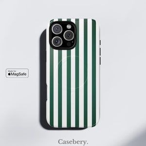 Green Striped Phone Case MagSafe Compatible For iPhone 14, iPhone 15, iPhone 16, Pro Max, Plus, Aesthetic Protective Tough Magnetic Case