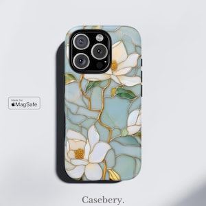 White Magnolia Flowers MagSafe Compatible Phone Case Designed For iPhone 14, iPhone 15, iPhone 16, Pretty Delicate Tough Magnetic Case