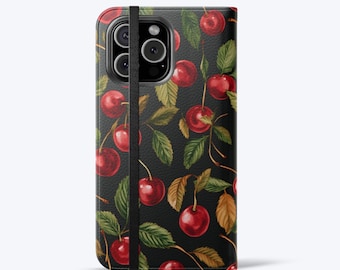 Cherry Flip Phone Case For iPhone 11, 12, 13, 14, 15, 16, Pro Max, For Samsung S21, S22, Plus, Ultra, Vegan Leather Wallet Phone Case
