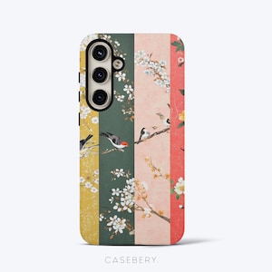 May include: A phone case with a colorful floral and bird design. The case features vertical stripes in yellow, green, pink, and red, with illustrations of birds perched on flowering branches. The text "CASEBERY" is at the bottom.