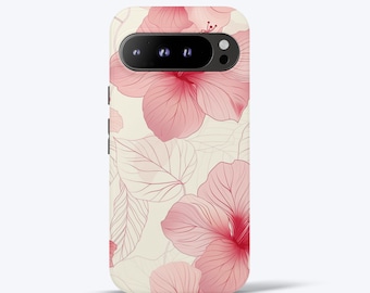 Modern Pink Hibiscus Flowers Phone Case Designed For Google Pixel XL, 2, 3, 4, 5, 6, 7, 8, 9, Tough Case | More Models