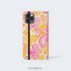 Retro Blumen Flip-Handyhülle für iPhone 11, 12, 13, 14, 15, 16, Pro Max, für Samsung S21, S22 Plus, Ultra, Vegan Leder Rosa Brieftasche