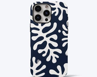 Navy Blue Phone Case for iPhone, Minimalist White Shapes, Tough Dual-Layer Phone Cover