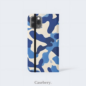 Blaue Camouflage Flip-Handyhülle für iPhone 11, 12, 13, 14, 15, 16, Pro Max, für Samsung S21, S22 Plus, Ultra, Vegan Ledertasche