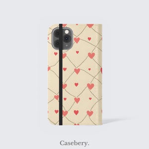 Niedliche Herzen Flip Phone Case für iPhone 11, 12, 13, 14, 15, 16, Pro Max, für Samsung S21, S22 Plus, Ultra, Vegan Leder Brieftasche Fall